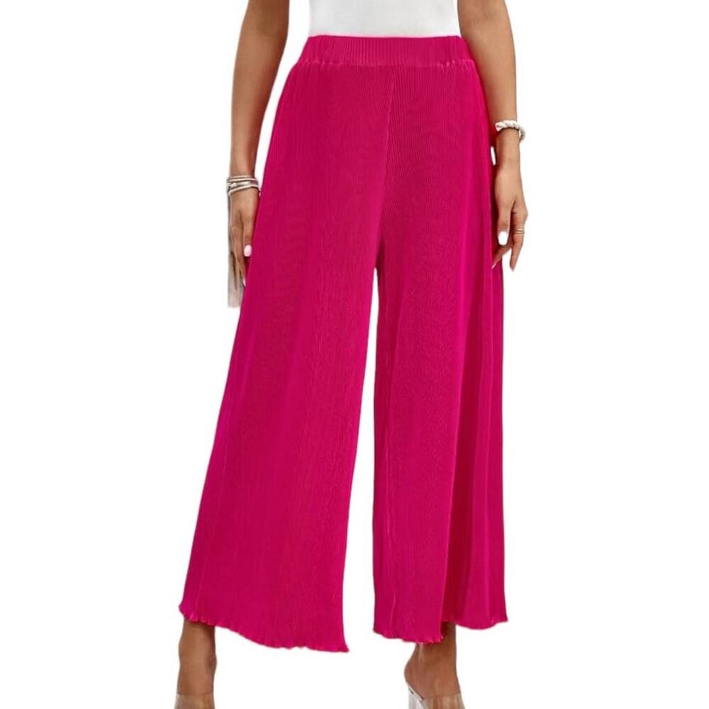 Solid Hot Pink Lettuce Trim Wide Leg Pleated Cover Up Pants ~ Women's XS P